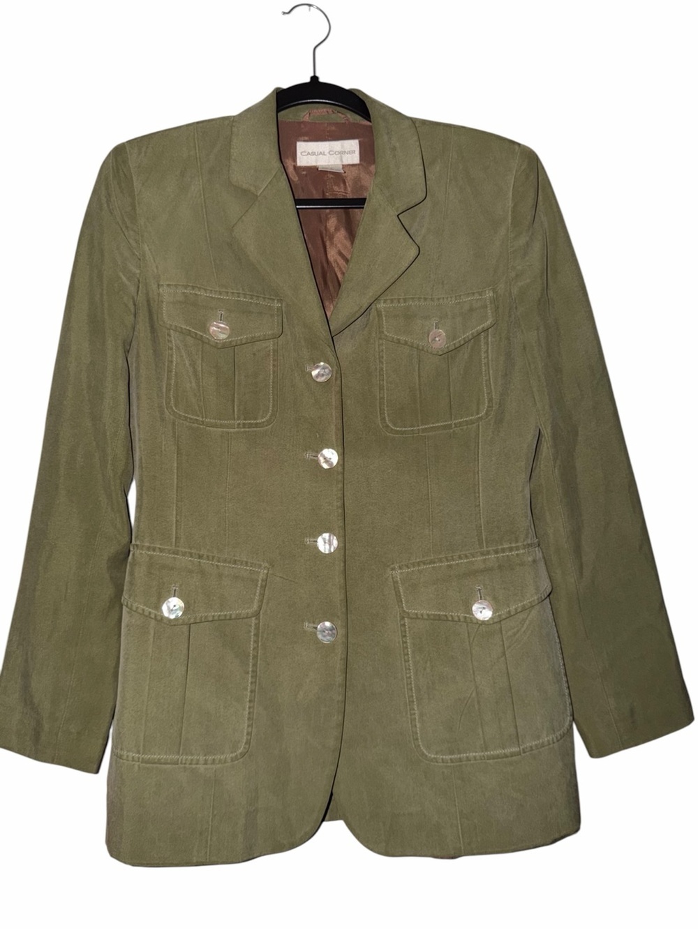 Casual Corner Vintage Olive Green Women's Blazer Jacket 100% Silk Shell Size 2